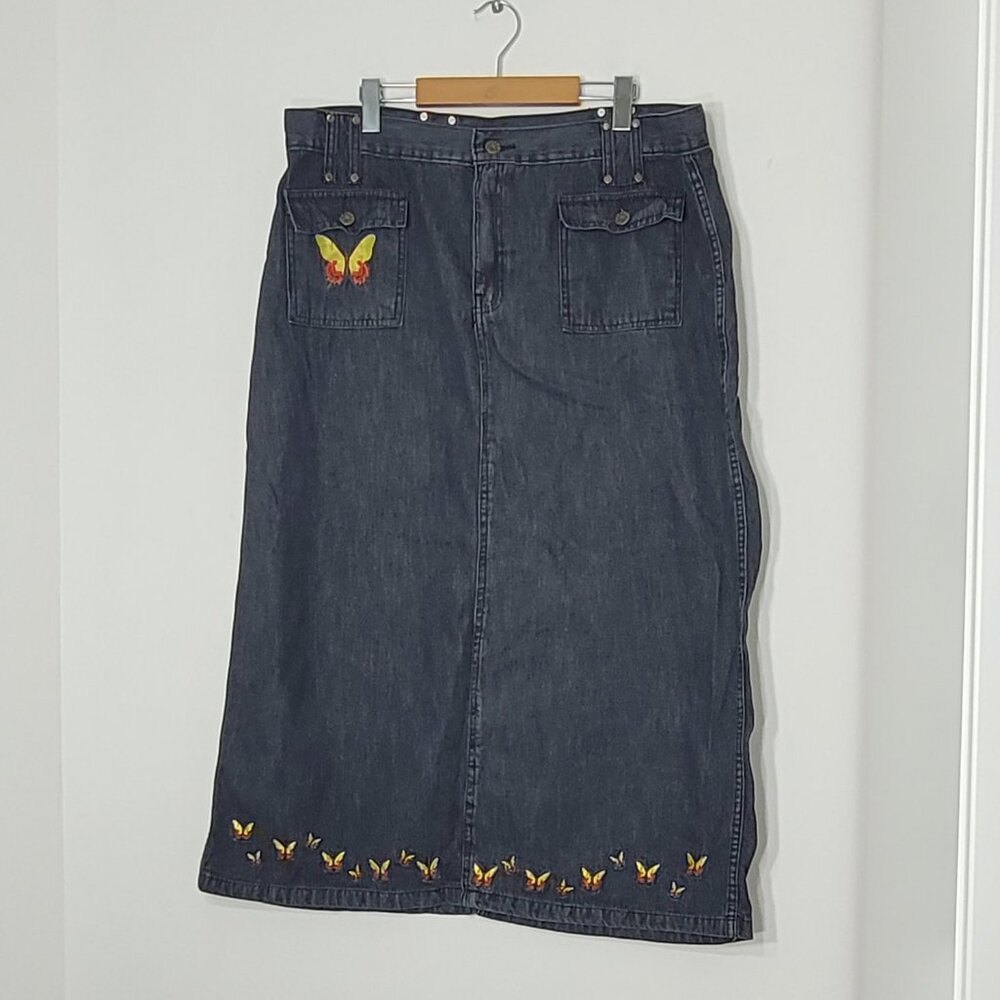 Fancy Denim Vintage Black 100% Cotton Butterfly Embroidered Denim Skirt Large - Picture 2 of 12
